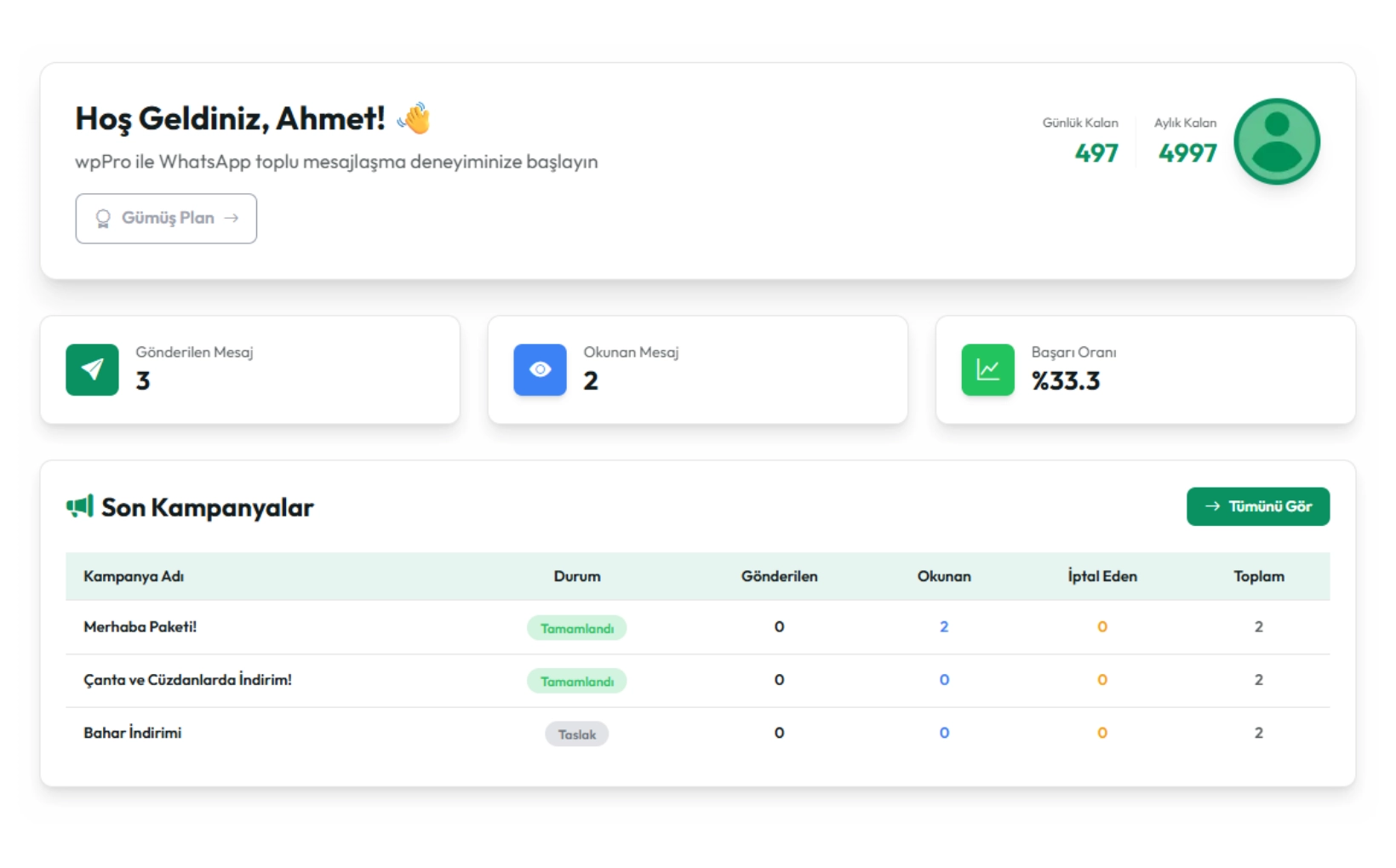 Anasayfa 5 Binlerce müşterinize tek seferde kişiselleştirilmiş WhatsApp mesajları gönderin. Rehber yönetimi, kampanya takibi ve detaylı istatistiklerle işletmenizi bir üst seviyeye taşıyın.